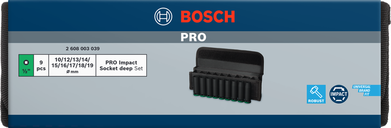 Set Soket Impact Bosch PRO kedalaman 1/2 inci, 9 buah.